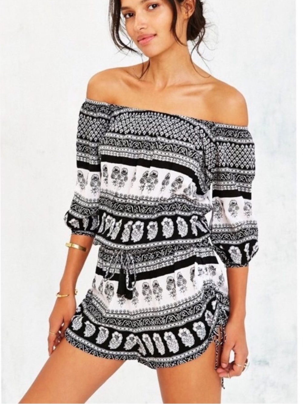 Faithfull the Brand Rio Black & White Boho Printed Romper